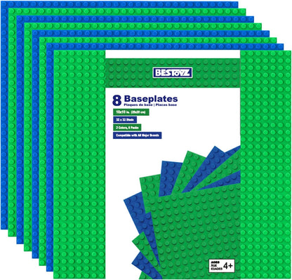 Building Bricks Baseplates Multipack 32x32 Stud, 8 Pack of Base Plates in Color of Black, Dark Grey, Light Grey & White, Foundation & Display for Building Blocks, 10x10 in. (25.5x25.5 cm)