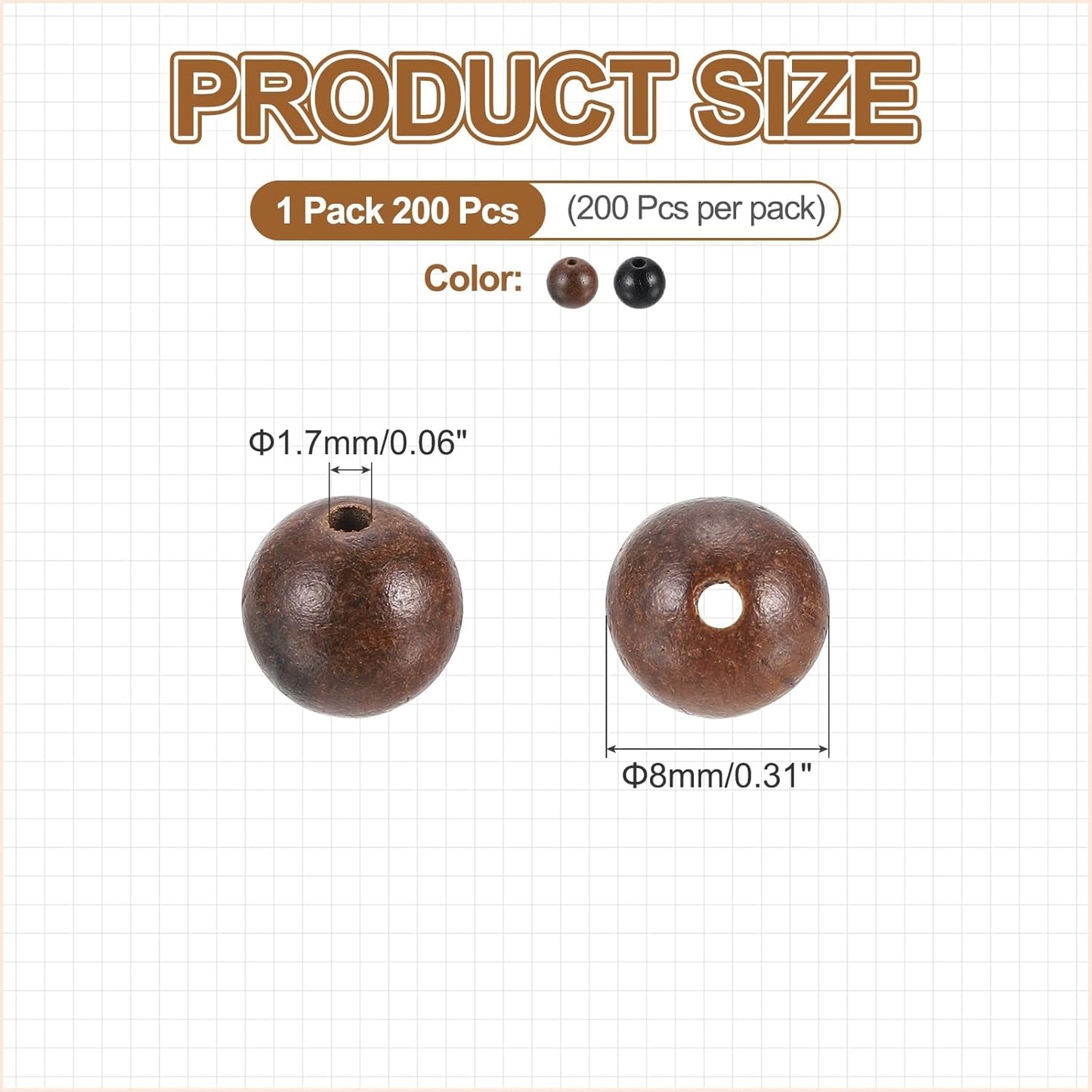 HARFINGTON 200pcs Round Wooden Beads, 10mm Dia Small Wood Beads for DIY Crafts, Bracelet, Wristlet, Necklace, Jewelry Making, Khaki Brown&Black