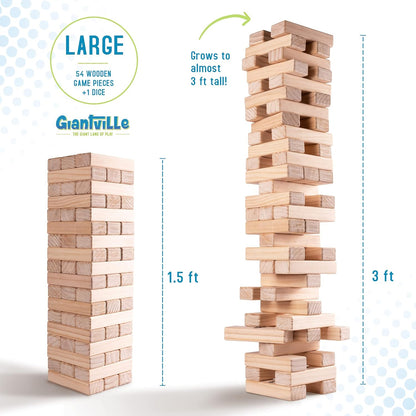 Giantville Giant Tumbling Timber Toy - STEAM-Credited Premium Pine Wood Blocks Tower - Indoor/Outdoor Yard Game for Kids & Adults - 56 Pieces + Carry Bag - Grows to Over 4 Feet