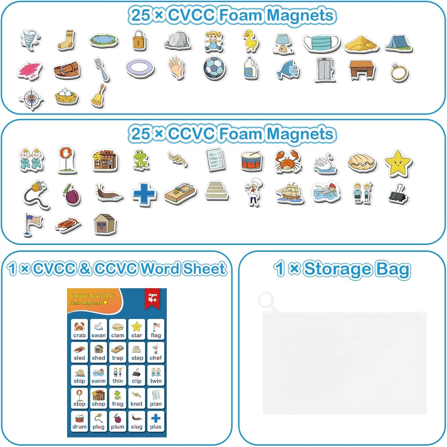 Kasfalci CVCC & CCVC Word Games, 50 Magnetic Foam Objects Fridge Magnets for Kids, Speech Therapy Toys for Toddler, Learn to Read Spelling Reading Learning Phonics for Preschool Kindergarten Classroom