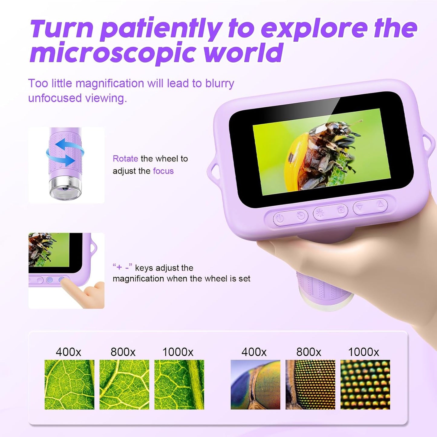 1000X Handheld Digital Kids Microscope with 3.0" IPS Screen, USB-Powered STEM Educational Science Toy with 8 LED Lights & Photo/Video Capture, Portable Learning Gift for Boys & Girls(White)
