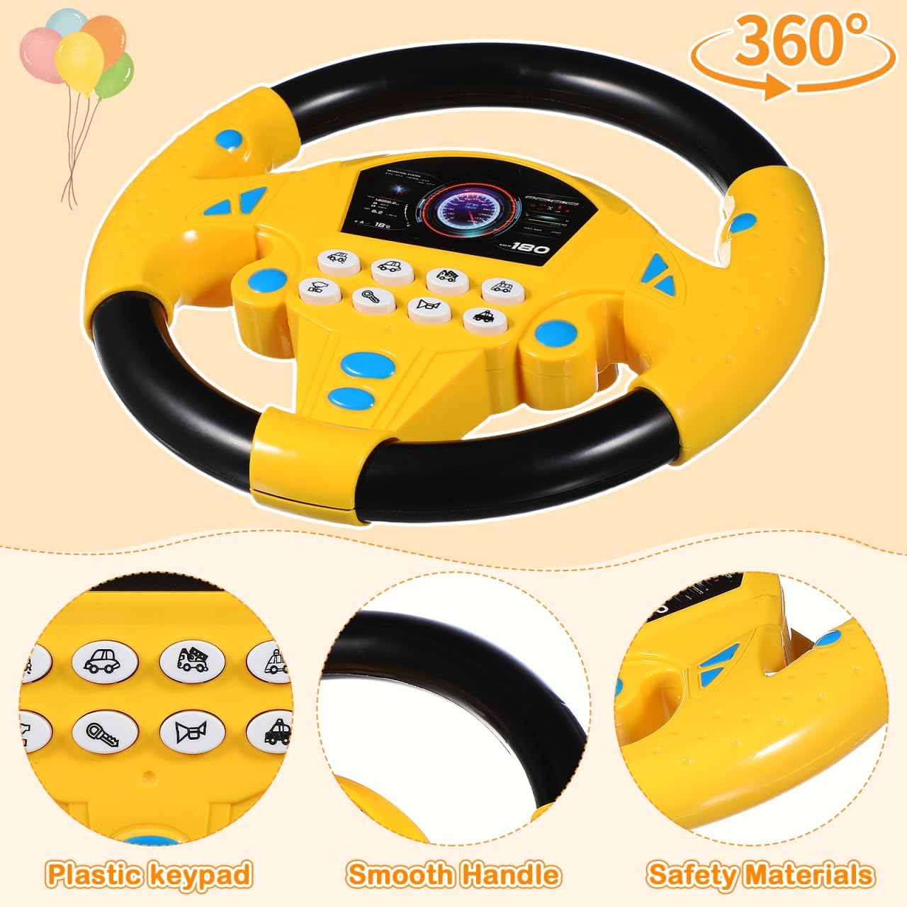 TOYANDON Kids Steering Wheel - Toddler Steering Wheel Toy, Simulated Driving Racing Car Game Controller, Pretend Driving Toy with Light and Music Electric Sounding Effects for Boys Girls (No Battery)