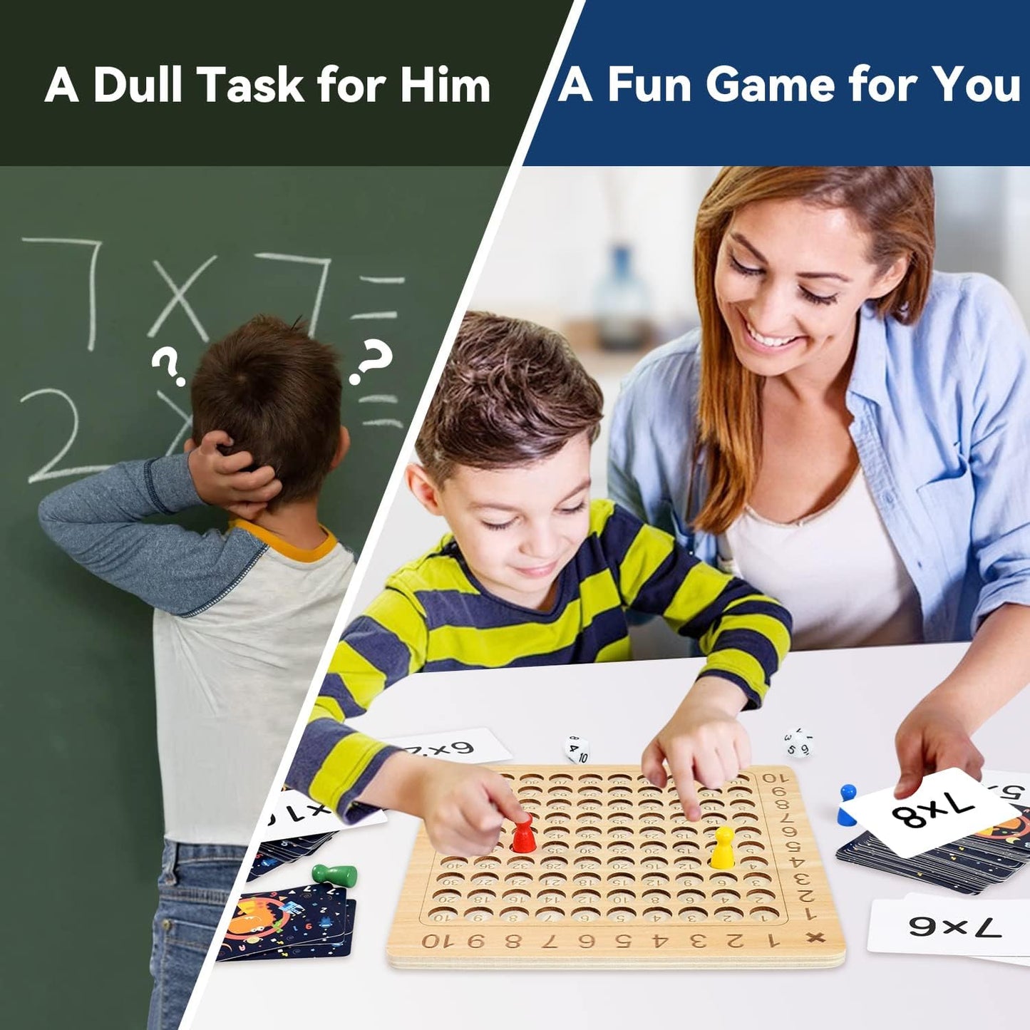 BAKAM Wooden Multiplication Board Math Game for Kids 8-12, Math Manipulatives Set with 100PCS Flash Cards for Kids 6-8 Years Old, Montessori Counting Toy Preschool Learning