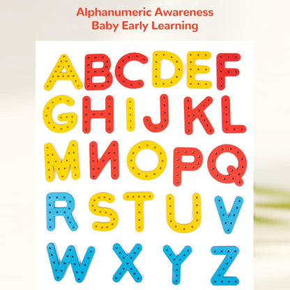 Lacing Alphabet and Number Cards, Wooden Threading Letters Beads with 8 Strings for Early Spelling, Number Alphabet Lacing Cards for Boys Girls