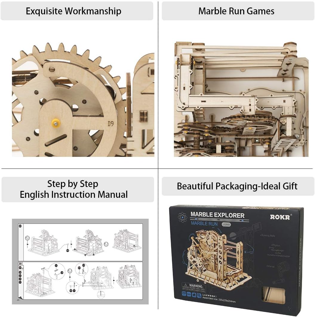 ROKR 3D Assembly Wooden Puzzle Brain Teaser Game Mechanical Gears Set Model Kit Marble Run Set Unique Craft Kits Christmas/Birthday/Valentine's Gift for Adults & Kids Age 14+(LG503-Lift Coaster)
