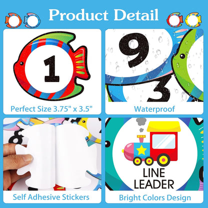 WhatSign 36Pcs Line Up Spots for Classroom Floor Numbers Stickers - Scratch-Resistant & Waterproof Vinyl - Contemporary Fish Theme - Math & Number Learning - Early Childhood Development Products