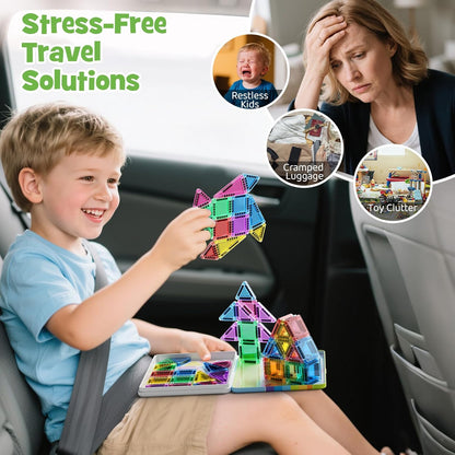 Magnetic Tiles Travel Toys with Storage Case, Portable STEM Building Blocks for 3-8 Year Olds, Toddler Airplane Activities & On-The-Go Birthday Gift for Boys & Girls