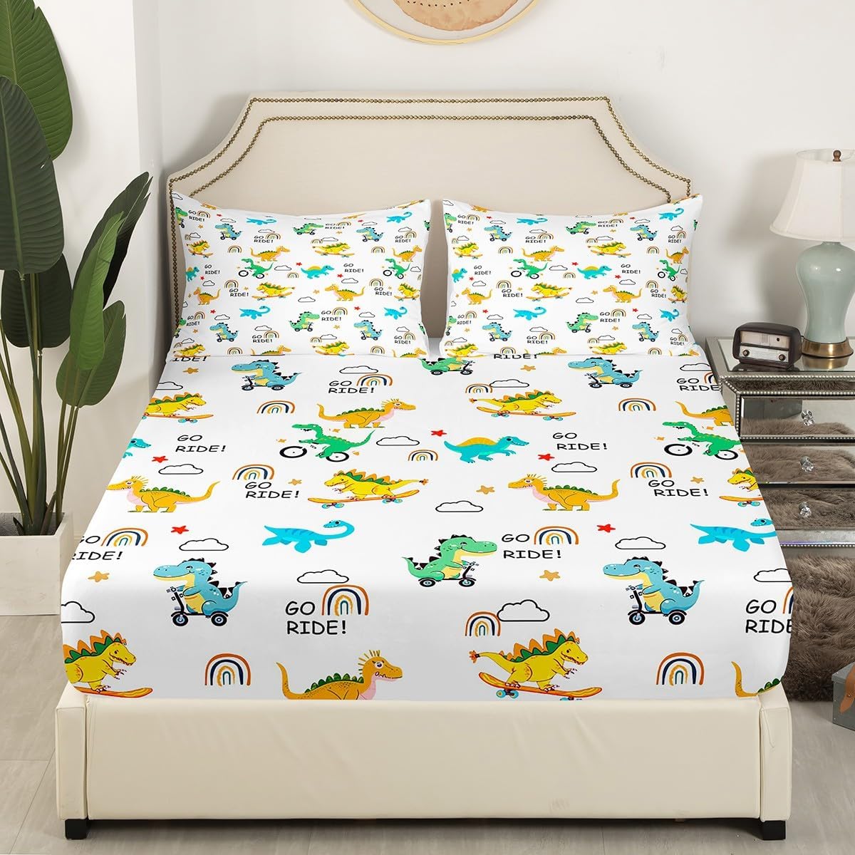 Manfei Musical Kids Fitted Sheet Full Size, MusicalGuitar Radio Drum Kit Headset Print Bedding Set 3pcs for Boys Girls, Rock Music Bed Cover with 2 Pillowcases, Soft Polyester Bedding, No Top Sheet