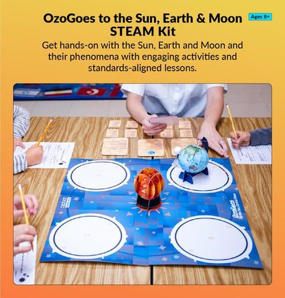 Ozobot OzoGoes to Sun, Earth & Moon STEAM Kit, Ages 8+, Learn Celestial Movements, Critical Thinking, NGSS Aligned, Group Learning, Assembly Guide, QR Digital Lessons, Robot Not Included