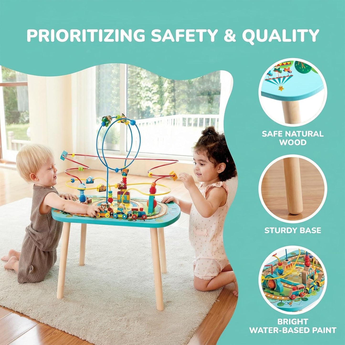 Hape Twisting Railway Maze Table - Wooden Bead Maze & Train Set for Toddlers - Amusement Park Theme with Rollercoaster, UFO & Numbered Stops - Fine Motor Skills Toy for Ages 18M+
