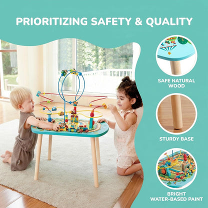 Hape Twisting Railway Maze Table - Wooden Bead Maze & Train Set for Toddlers - Amusement Park Theme with Rollercoaster, UFO & Numbered Stops - Fine Motor Skills Toy for Ages 18M+