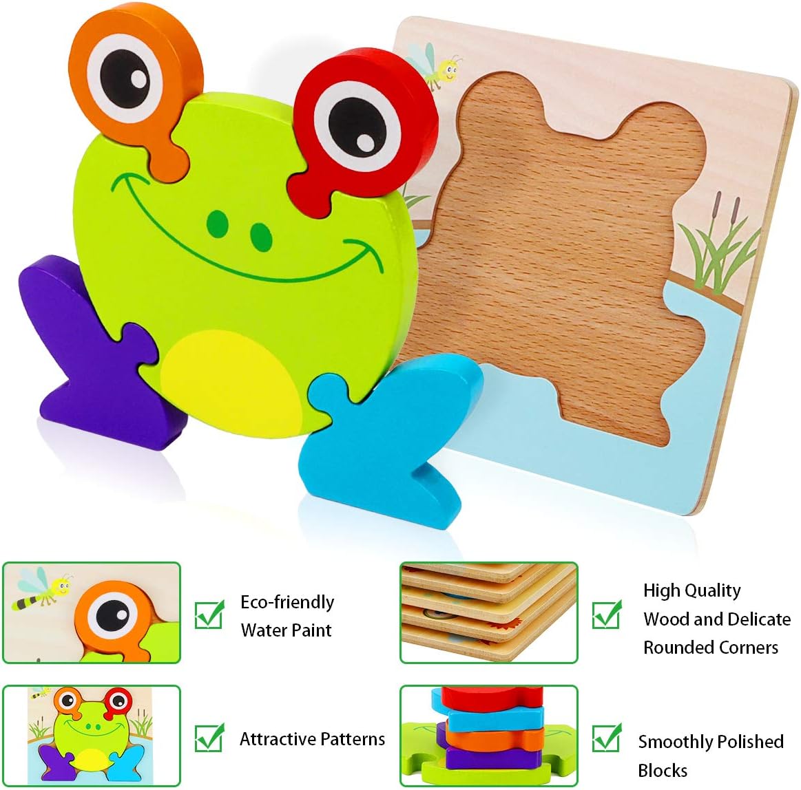 Dreampark Wooden Puzzles for Toddlers Ages 1-3, Montessori Toys for 1 2 3 Years Old Girls Boys Baby Kids Puzzle Learning Educational Christmas Birthday Gifts Toys 6 Pack Animal Jigsaw Puzzle