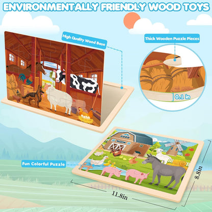 Wooden Animals Puzzles for Kids Age 3 4 5 Year Old, 4 Pack 24 Pcs Montessori Toddler Jigsaw Puzzles for Girl boy Activities Preschool Learning Educational Birthday Gift Travel Autistic Wooden Toys