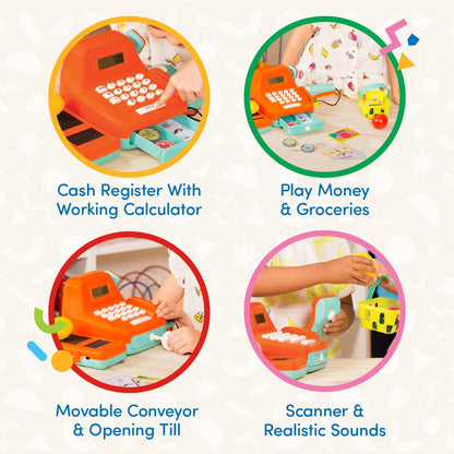 Battat – Interactive Kids Cash Register with Scanner & Sounds – 26 Pieces Pretend Play Shopping Set with Light – Up Scanner, Play Money & Card – Educational Toy for Learning & Fun – 3+ Years