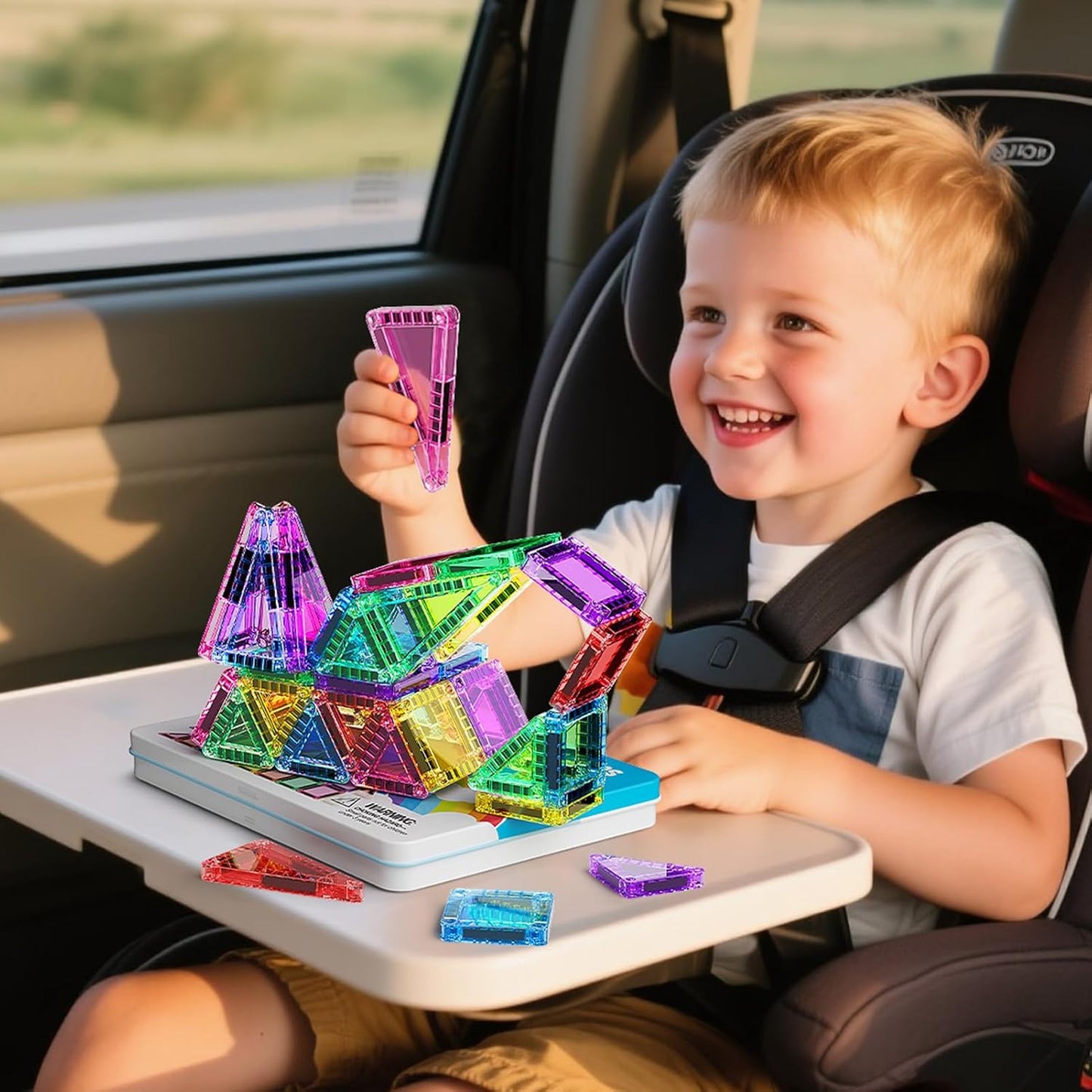 Mini Magnetic Tiles 40PCS Travel Set with Iron Storage Box, Portable STEM Building Blocks for Kids 3-8, Montessori Educational Magnet Toys for Road Trip, Airplane, Car Rides & On-The-Go Play