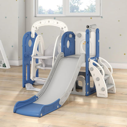 kinbor 6 in 1 Toddler Slide PlaySet - Indoor Outdoor Fun for Kids Ages 1-3, Includes Basketball Hoop, Telescope, Storage & Climber, Safe, Sturdy Baby Slide for Backyard Playground, Blue