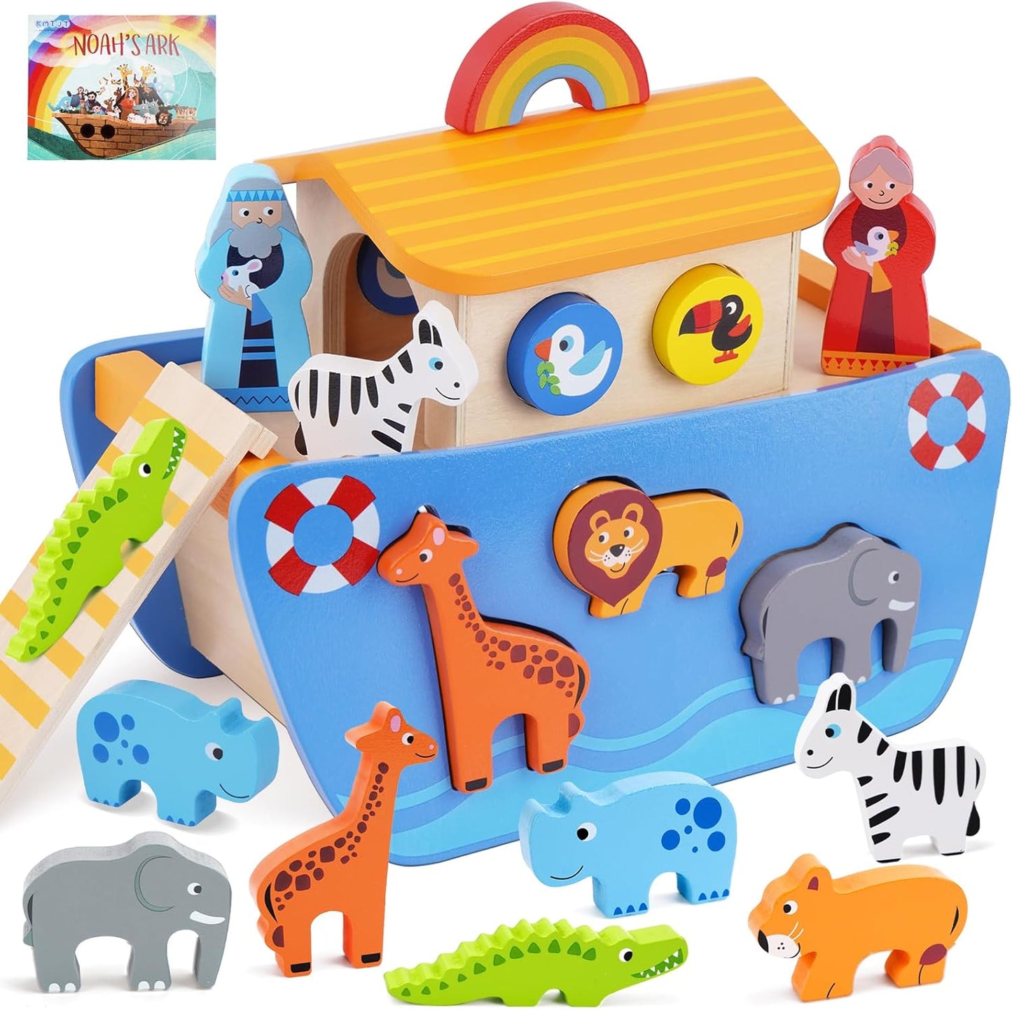 KMTJT Toddlers Wooden Noah's Ark Toy Animal Playset, Baptism Gifts for 1 2 3 Boys Girls, Shape Sorter Early Learning Montessori Toys with Bible Story Book for 12 18 24 Months Babies