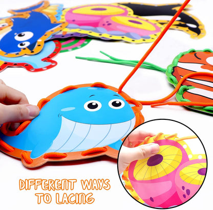 Sea Animals Lacing Cards Sewing Cards For Kids 12 Pack Shark Whale Ocean Theme Party Decor Double Sided Cardboard Lacing Playing Games for Preschool Home Developing Imagination Education Supplies