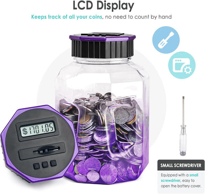 X-Large Piggy Bank for Adults Kids, Vcertcpl Digital Coin Counting Bank with LCD Counter, 2.4L Capacity, Great Coin Counter Bank Money Counting Jar with Total Amount Displayed (Purple)