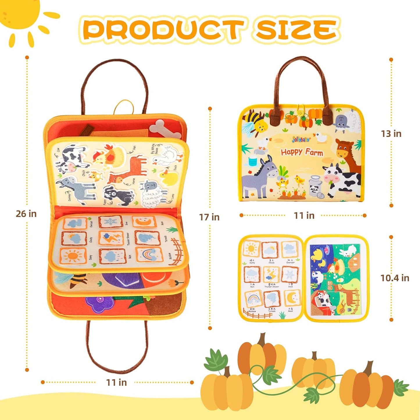 Jollybaby Montessori Activity Busy Book for Toddlers, Preschool Educational Learning Busy Board for 3 Year Old, Felt Quiet Book Birthday Gift - Farm