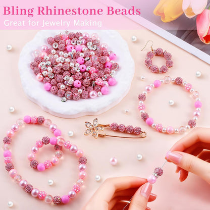 300 Pcs Diamonds Beads for Jewelry Making, Included 10 mm Red Rhinestone Beads for Bracelets, Bubblegum Bead for Pen Making, Pearl and Spacer Bead for Bracelet Necklace Earring Crafting