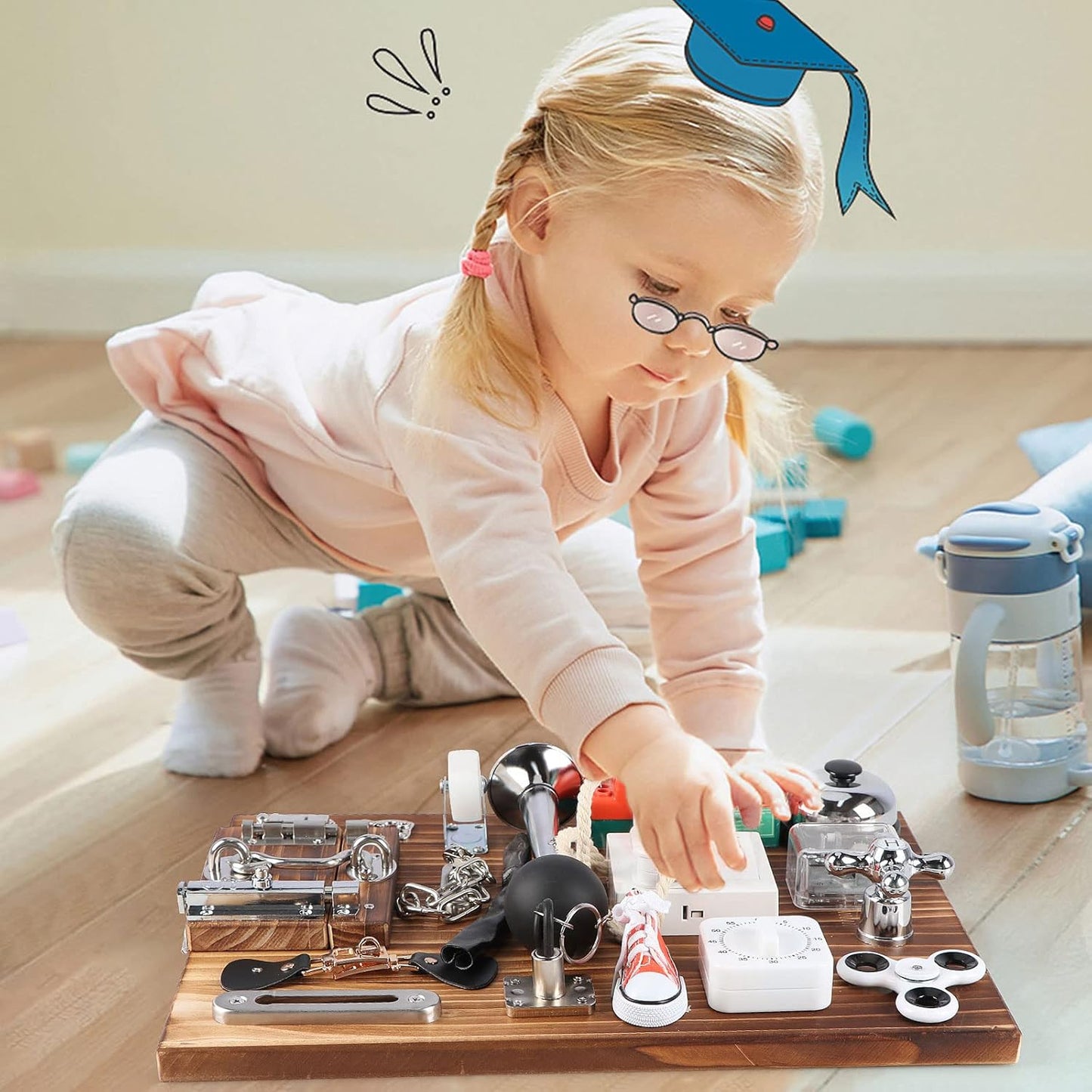 20-in-1 Busy Board for Toddlers - Travel Toy Activity Board for Fine Motor Skills - Toys for 3 Years Old Kids With Switch, Locks, Shoe Laces, Music Box