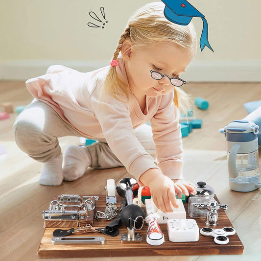 20-in-1 Busy Board for Toddlers - Travel Toy Activity Board for Fine Motor Skills - Toys for 3 Years Old Kids With Switch, Locks, Shoe Laces, Music Box