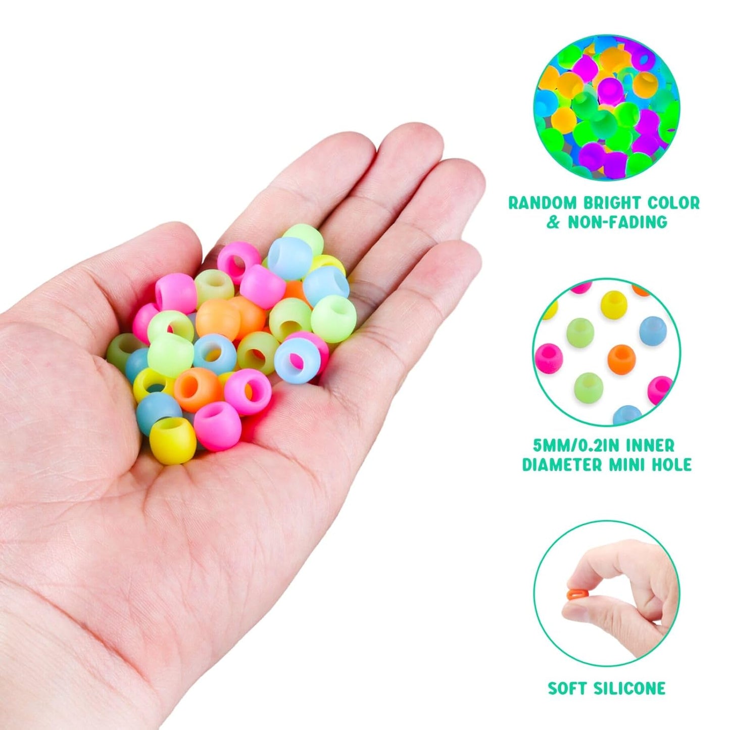 SEVENKA 100 Small Silicone Hair Beads Glow in Dark, 5mm Colorful Soft Micro Silicone Hair Beads for Girls Braids, 2 Plastic Quick Beaders for Hair Braids, 50 Elastic Rubber Bands