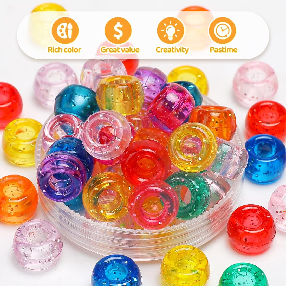 1200pcs Pony Beads Bulk – 11 Colors 6x9mm Plastic Craft Beads for Bracelets, Jewelry, Hair Braiding & DIY Projects