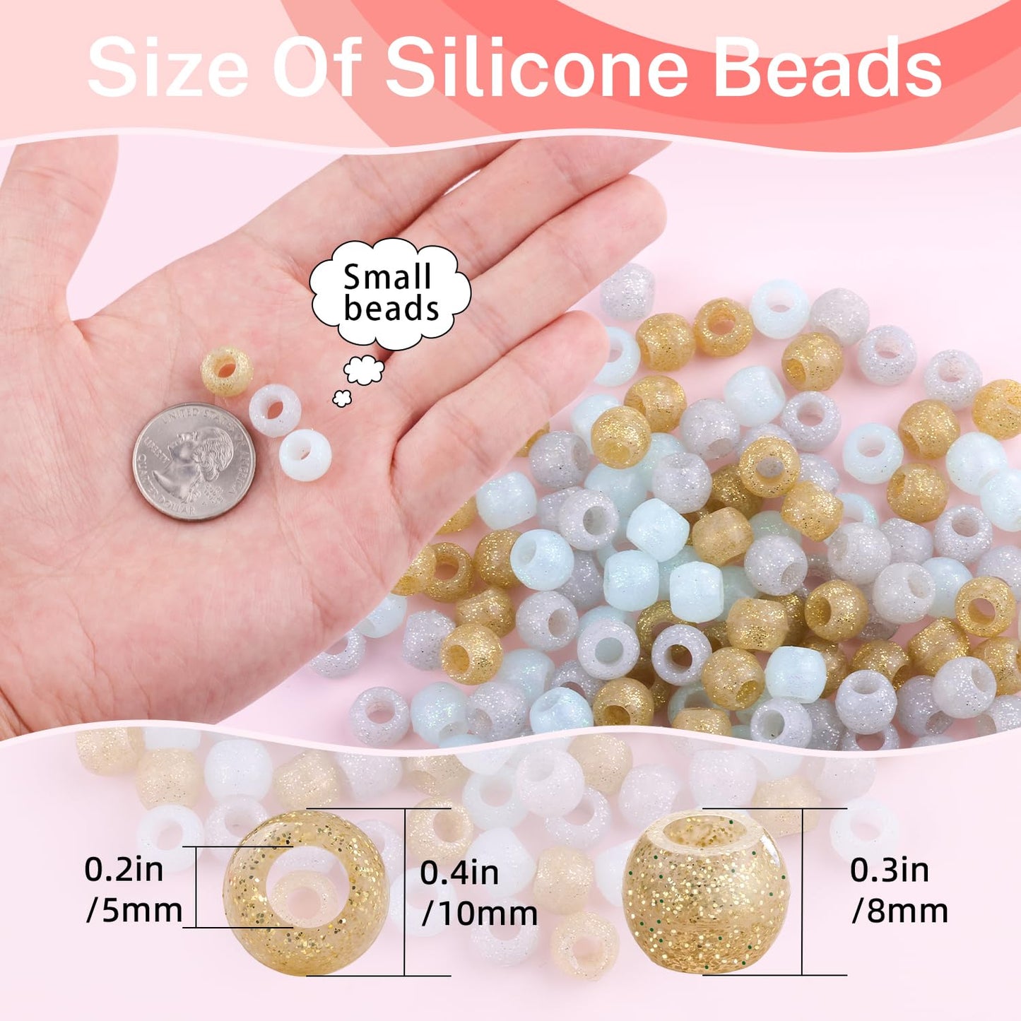 150Pcs 10mm Small Silicone Beads for Hair Braids, Soft Jellyish Pony Hair Beads with 5mm Hole + 50 Rubber Bands and 1 Beader for Braiding, DIY Bracelets Necklaces Crafts (Pink)