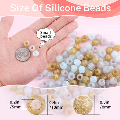 150Pcs 10mm Small Silicone Beads for Hair Braids, Soft Jellyish Pony Hair Beads with 5mm Hole + 50 Rubber Bands and 1 Beader for Braiding, DIY Bracelets Necklaces Crafts (Pink)