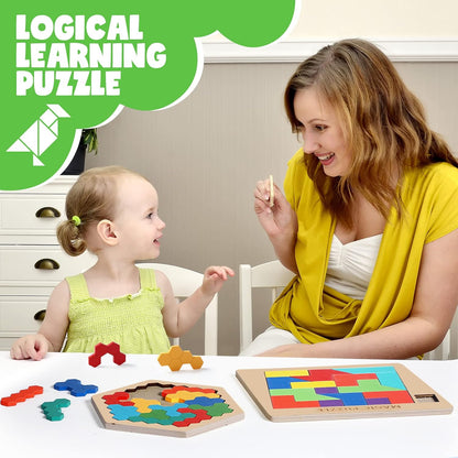 Yunsailing 3 Pack Large Hexagon Tangram Puzzle Wooden Brain Puzzles for Adult Challenge Wood Russian Blocks Brain Teasers Geometric Jigsaw Block Logic Iq Stem Family Graduation Gifts(Vintage)