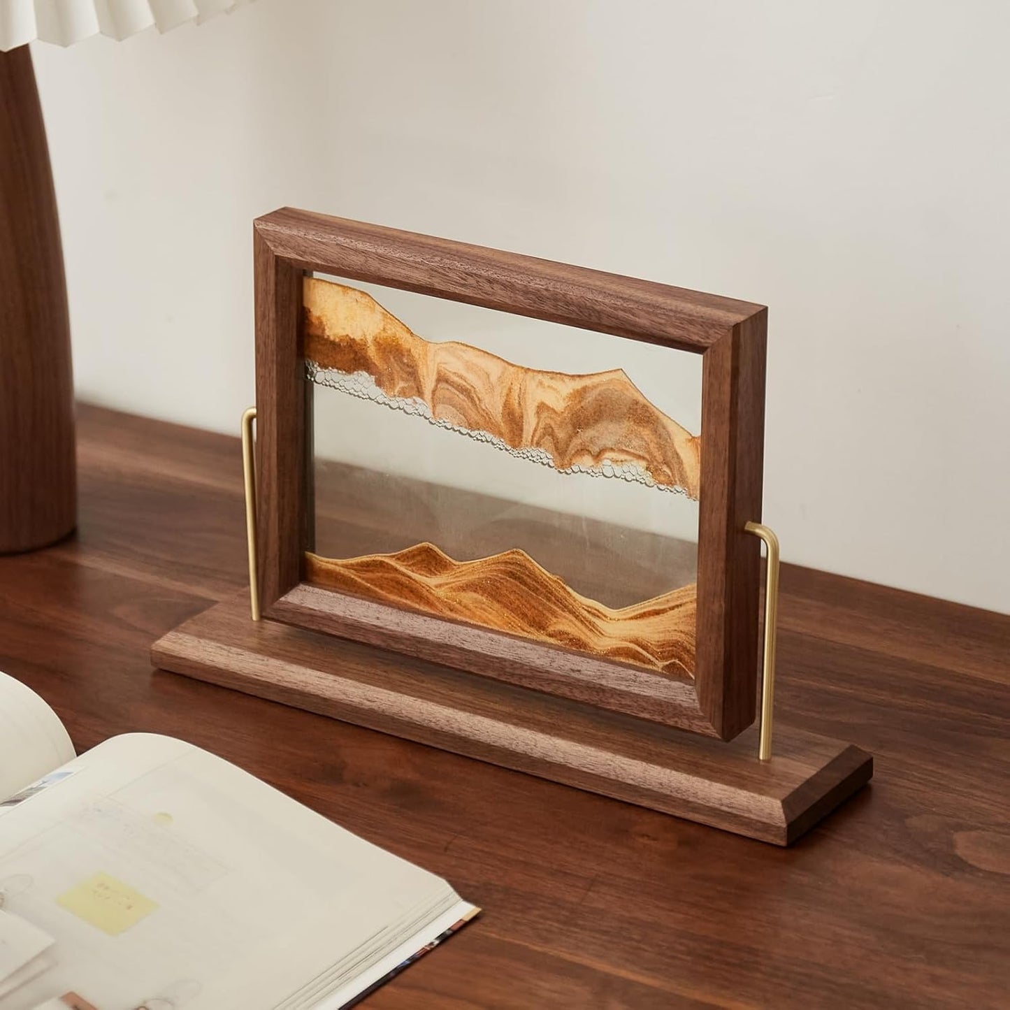 Solid Wood Oasis Mini Art Liquid Motion 360-Degree Rotation, Made of Black Walnut and H62 Brass, 3D Highly Transparent Office Decor (Desert)