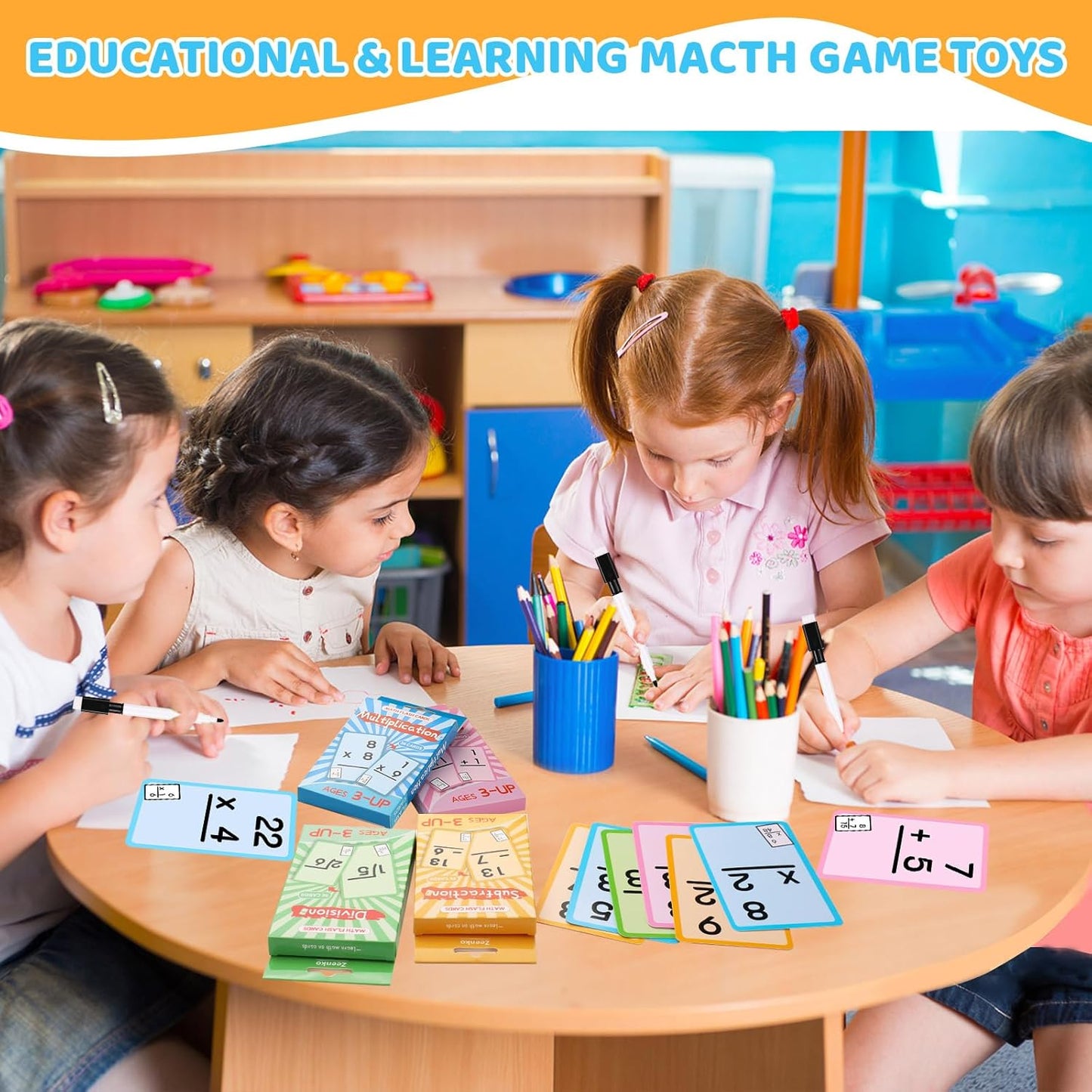 Math Flash Cards Set of Multiplication Division Addition Subtraction with 4 Dry Erase Pens, 144 Flash Cards from 1st to 4th Grade or Kindergarten Homeschool Supplies