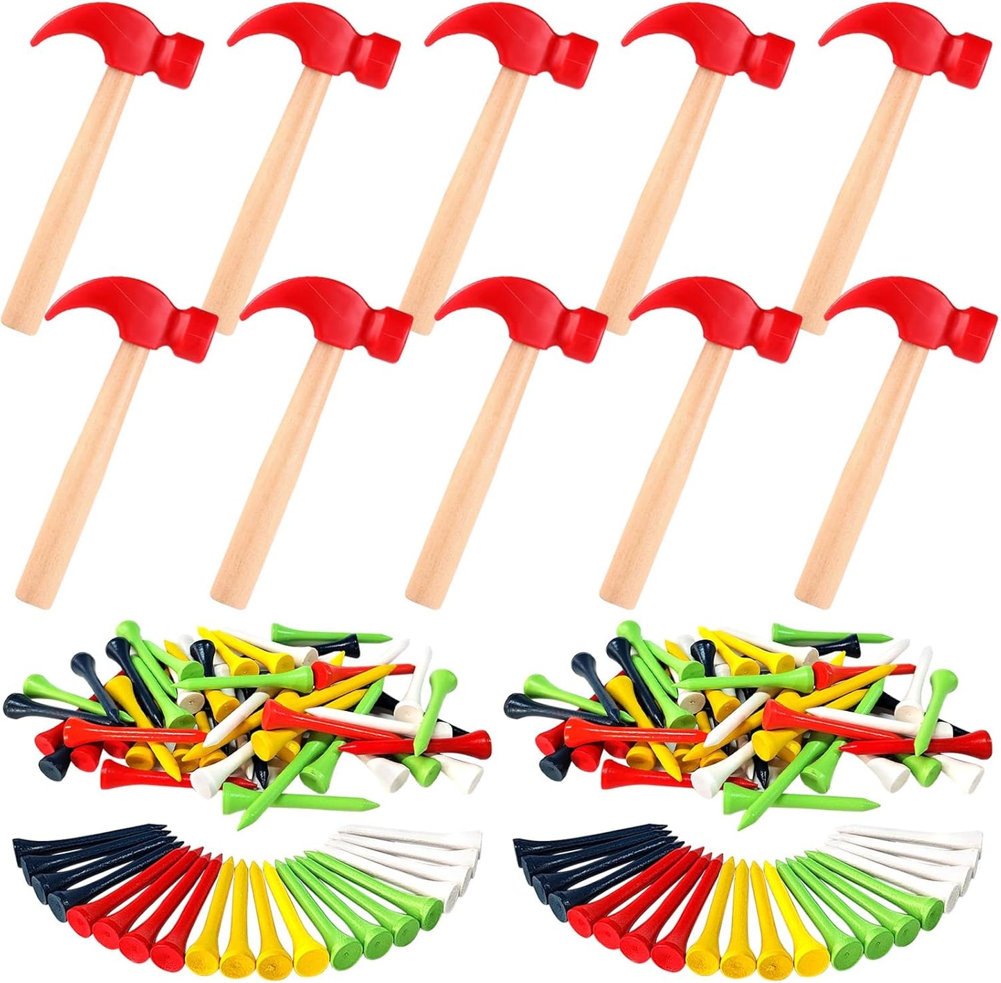 10 Pcs Kids Wooden Hammer Toy with 100 Pcs Colorful Wood Golf Tees, Small Plastic Hammer Simulation Hammers Educational Toys for Children Gift Birthday Party (Red and Green)