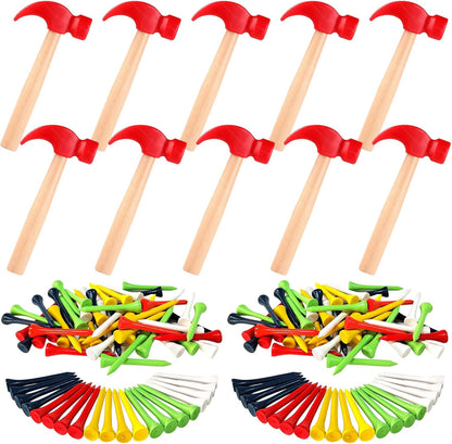 10 Pcs Kids Wooden Hammer Toy with 100 Pcs Colorful Wood Golf Tees, Small Plastic Hammer Simulation Hammers Educational Toys for Children Gift Birthday Party (Red and Green)