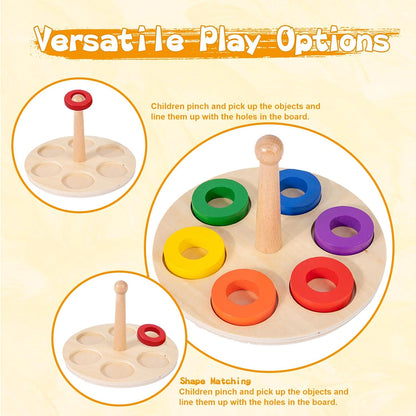 Adena Montessori Wooden Stacking and Sorting Ring,Wooden Rings on Peg,Colorful 5 Shapes on Curved Peg Horizontal Dowel Variation,Fine Motor Skills Development Toys for 1 2 3 Years Old Toddlers
