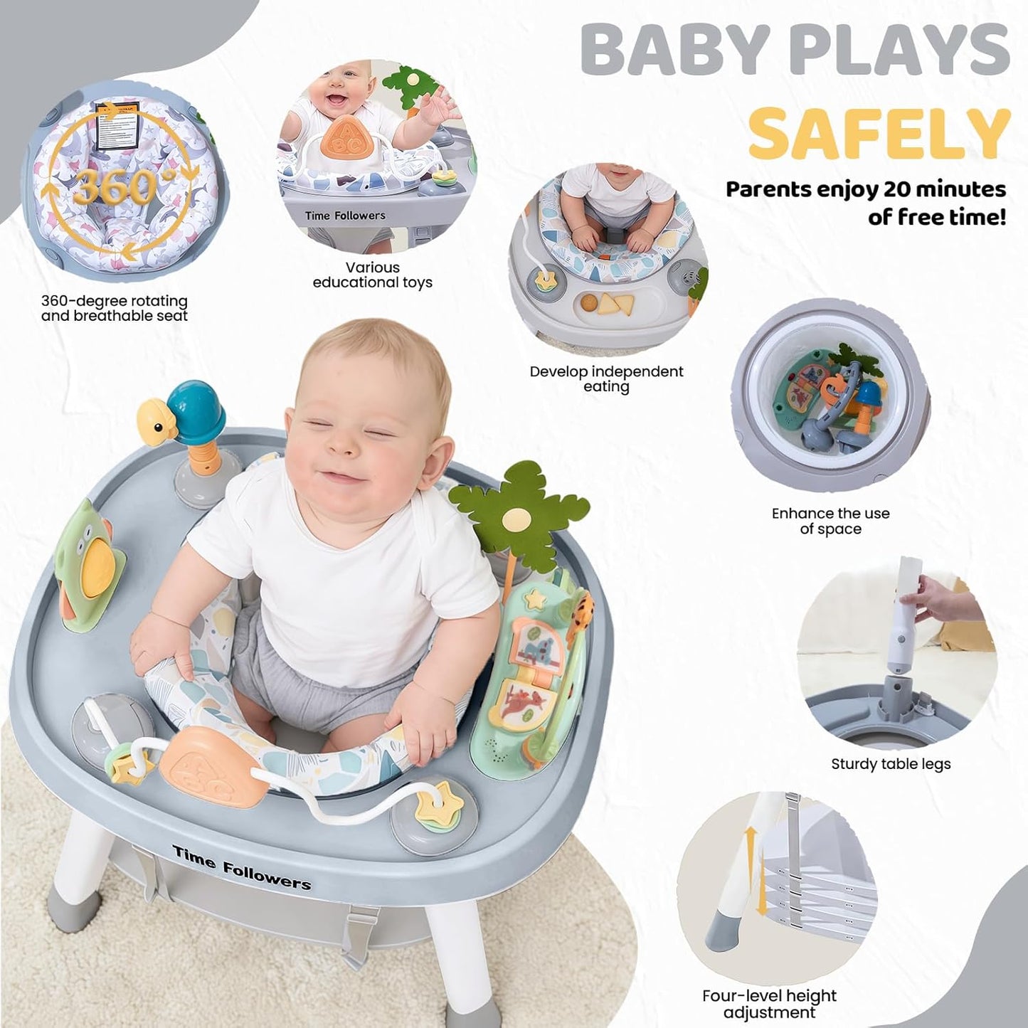 Time Followers® 6-in-1 Baby Activity Center | 4 Stage Montessori-Inspired Toys | Grow Stationary Standing Toddler Table | Jumpers & Bouncers | Must Have for Boy & Girl 6, 12, 24+ Month Old (White)