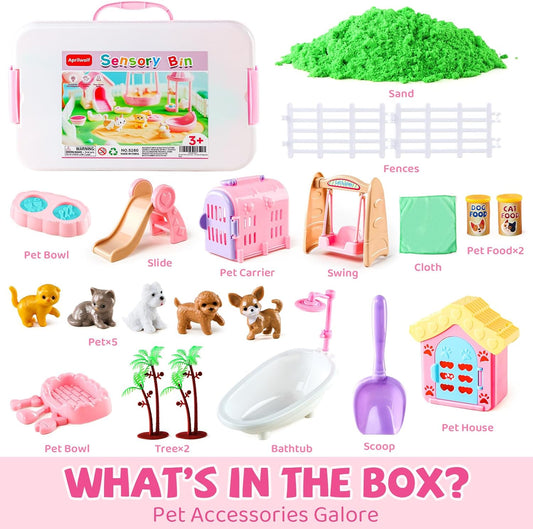 Aprilwolf 21 PCS Pet Sensory Bin, Dog & Cat Sandbox with Sand & Box, Play Sand Art Toys Kit, Pet Care Play Set, Beach Toys for Kids Ages 4-8, Birthday Gift Girls Boys 3 4 5 6 7 Years Old