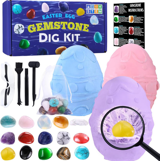 DIYDEC 3 Pack Easter Egg Dig Kit Real Gemstones Excavation Kit for Kids Easter Geology Toys Rock Digging Kit Easter Science Educational Gift for Boys Girls Easter Basket Stuffers Party Favor