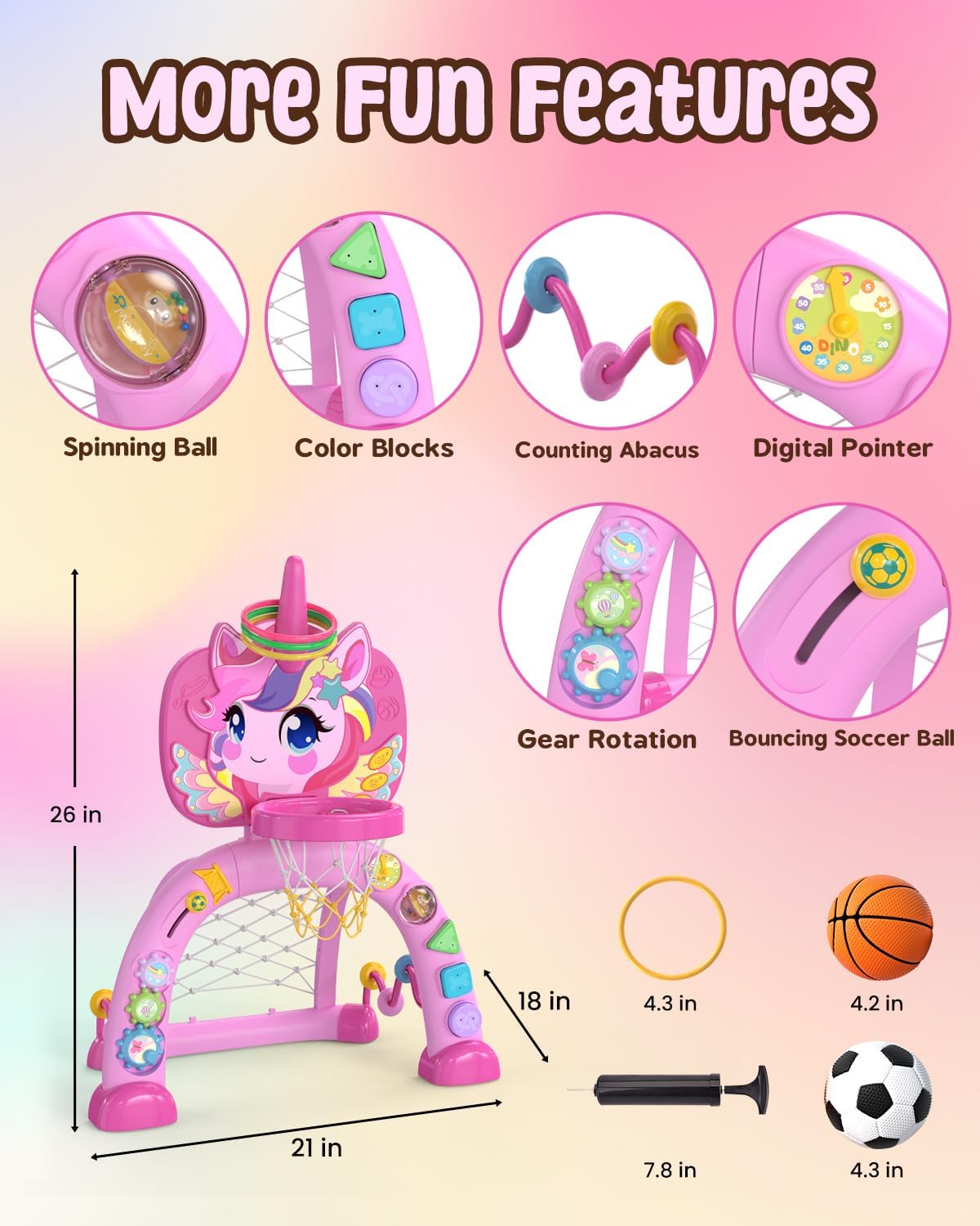 Toddler Basketball Hoop & Soccer Goal, Baby Toys for 1 2 3 Year Old Girls, Kids Sports Toys with Light Sound Music, Unicorn Musical Toys Gift, Christmas Birthday Gifts for Ages 12-18 Months