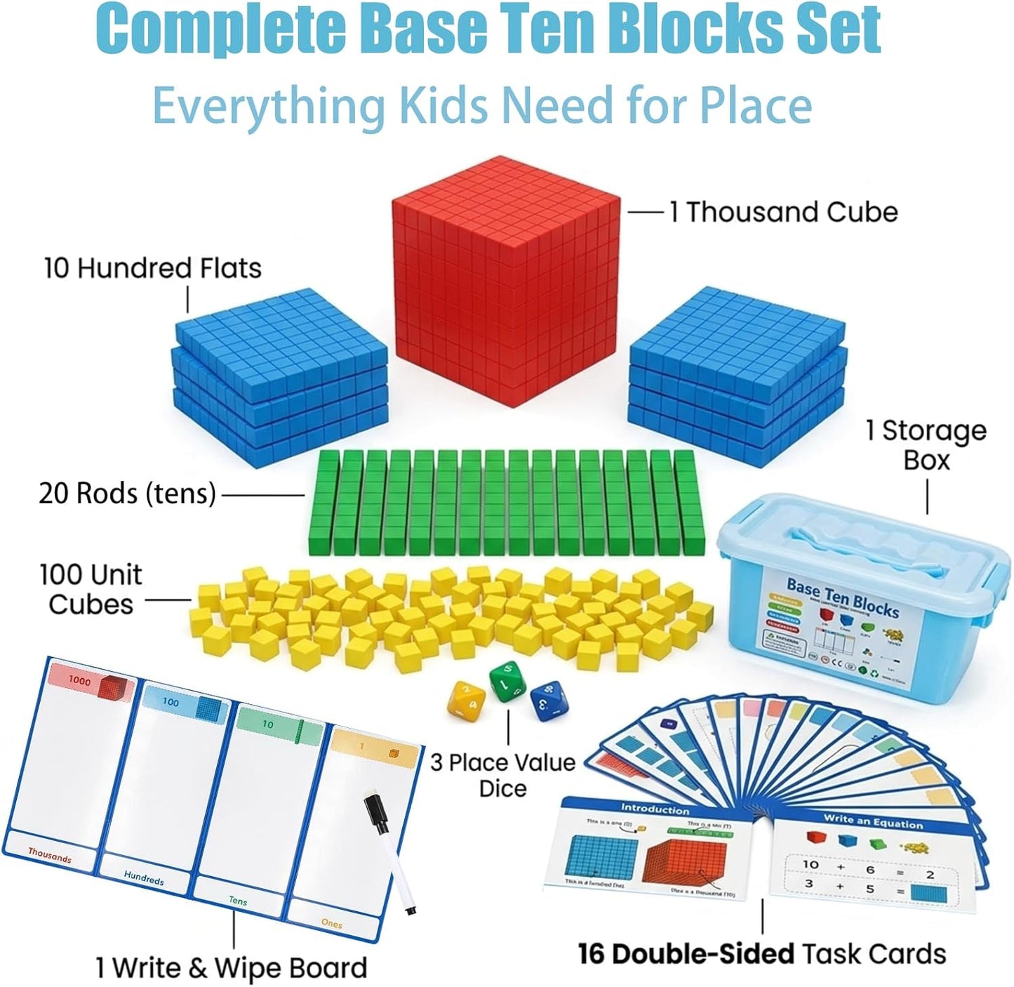 Base Ten Blocks 153 pcs Math Manipulatives, Base 10 Blocks for Math, Math Cubes & Place Value Blocks for Kids, Math Counters for 1st Grade Kindergarten Classroom Homeschool Learning Kit