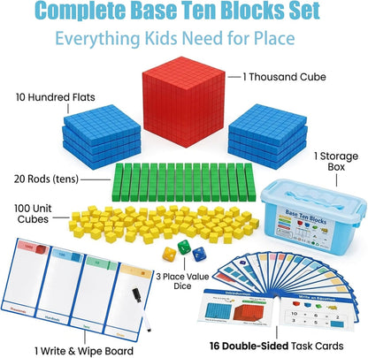 Base Ten Blocks 153 pcs Math Manipulatives, Base 10 Blocks for Math, Math Cubes & Place Value Blocks for Kids, Math Counters for 1st Grade Kindergarten Classroom Homeschool Learning Kit
