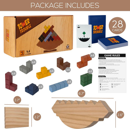 Tower Stack Game - 32PCS Wooden Balance Game with Building Blocks & Cards - Durable Tetra Tower Stacking for Kids & Adults - Fun 1+ Player Balance Stacking Games.