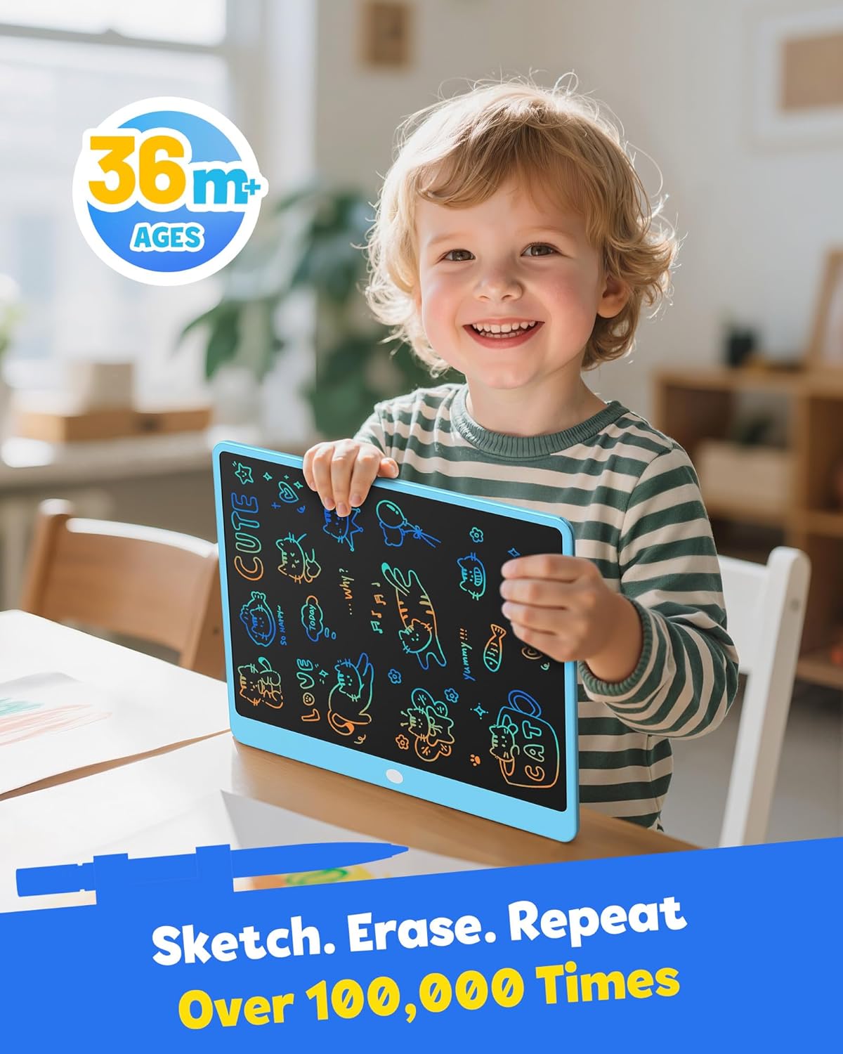 TEKFUN LCD Writing Tablet for Kids, 10-inch Coloring Drawing Pad, Mess Free Doodle Board, Airplane Travel Toys for Boys and Toddlers, Road Trip Essentials, Gifts for 3 4 5 6 7 8 Year Old Girls(Blue)