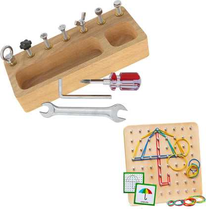Panda Brothers Set of 2 toys: Montessori Screw Driver Board & Wooden Geoboard. Montessori toys for kids, Wooden Toys, Sensory Toys for 3 4 5 Year Old, Busy Board, Preschool Classroom STEM Toy for boy