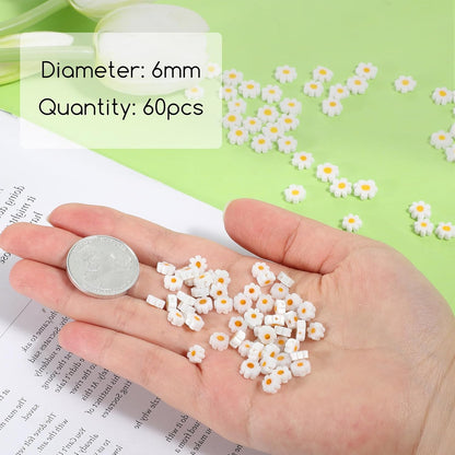 Daisy Glass Beads 60 Pcs Handmade White Daisy Flower Beads Flat Small Flower Loose Spacer Bead for DIY Bracelets Necklace Earrings (6mm)