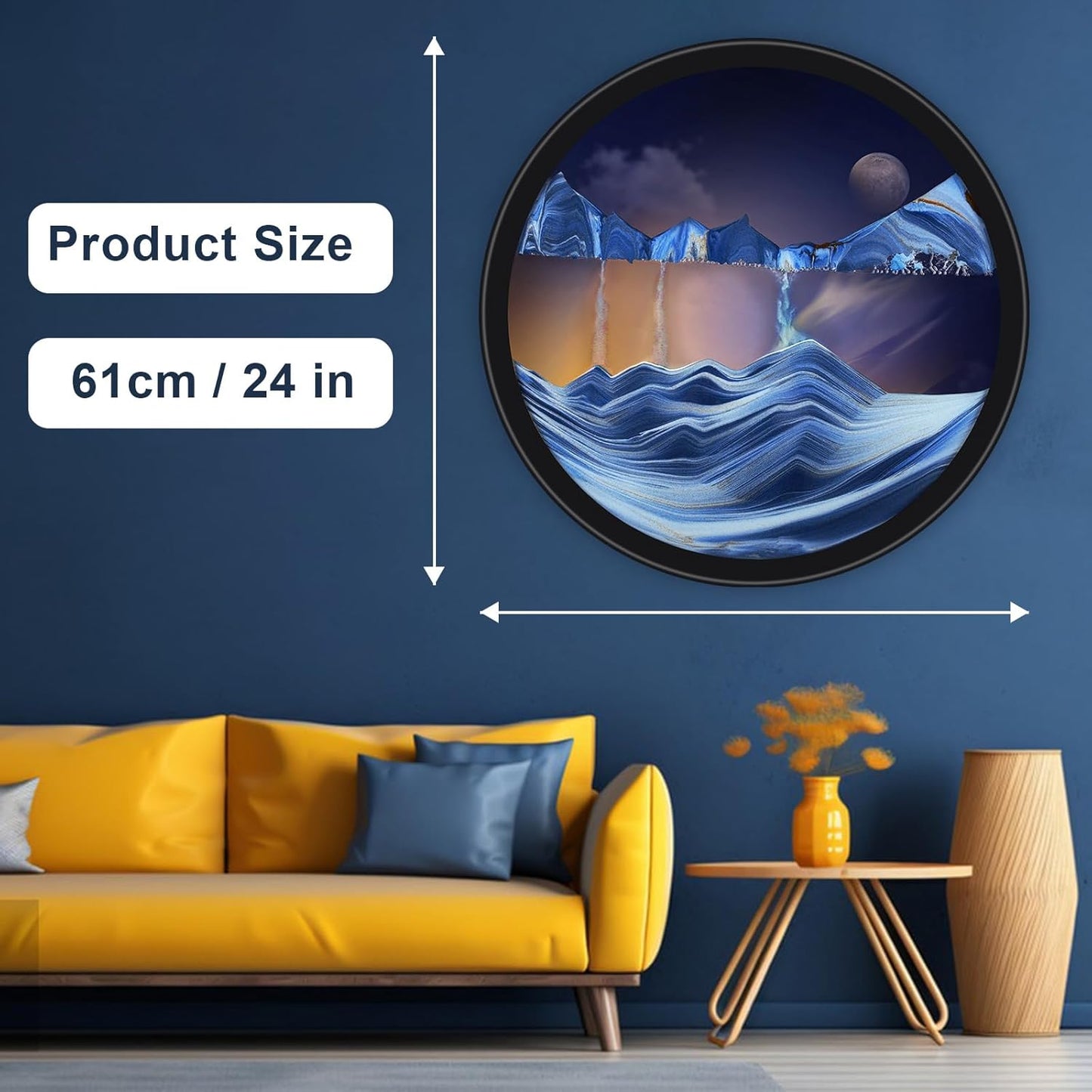 17.3" Moving Sand Art, 3D Sand Art Pictures Deep Sea Sandscape Living Room Decoration, 360° Rotate, Glass Crafts Solid Wood Frame, Relaxing Mood Home Office Work Wall Art Decor