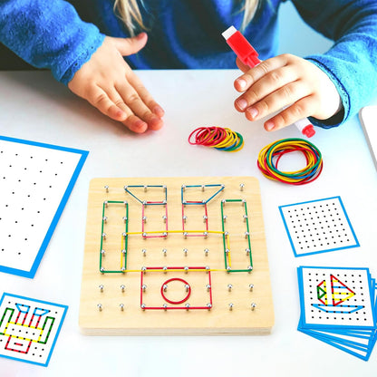 HEELWIRE Wooden Geoboard,Montessori Toy,Graphical Mathematical Education Toy for Kids with Pattern Cards and Rubber Bands to Figures and Shapes, Brain Teaser STEM Toy Geo Board (6 * 6 * 0.6 in)