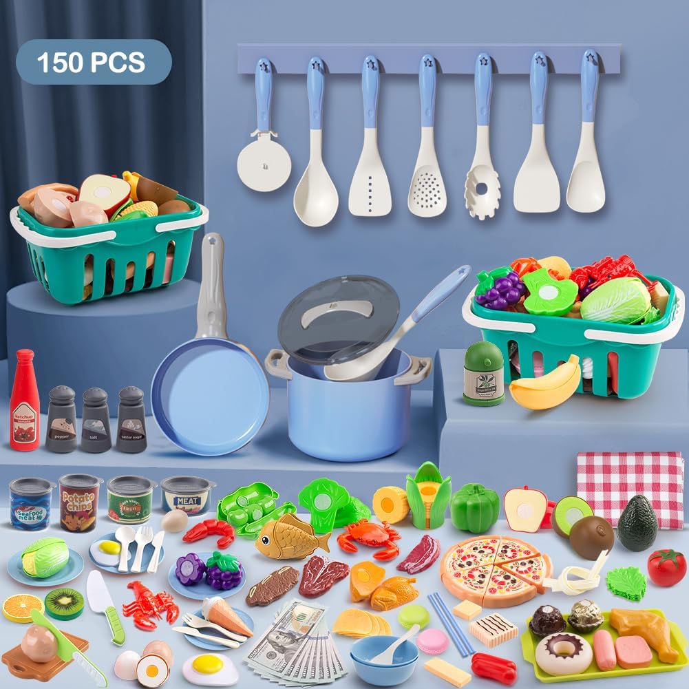 150Pcs Kitchen Playset, Toddlers Pretend Cooking Cookware Accessories, Food, Picnic Blanket, Fruits, Veges, 2Pack Shopping Storage Basket, Dessert and Prop Money, Gift for Kids (Pink)